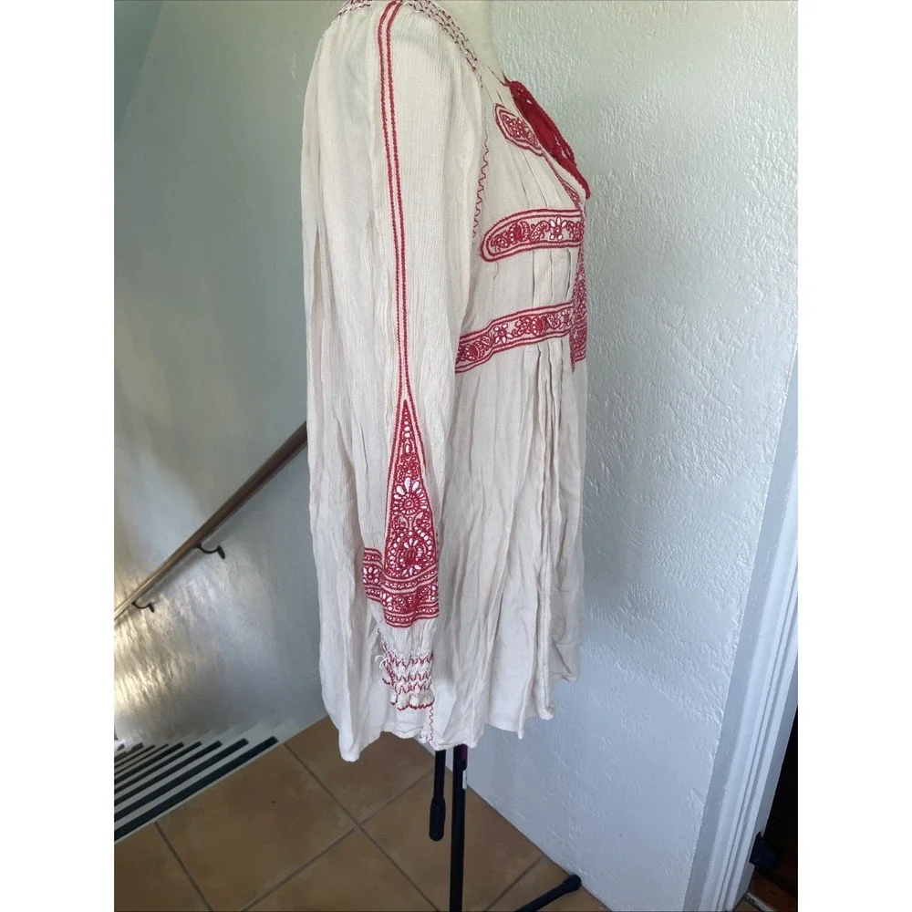 FREE PEOPLE Small WIND WILLOW EMBROIDERY LONG SLEEVE TUNIC DRESS Cream And Red